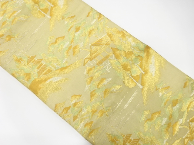 JAPANESE KIMONO / ANTIQUE FUKURO OBI / SILK / WOVEN SCENERY OF TEMPLE